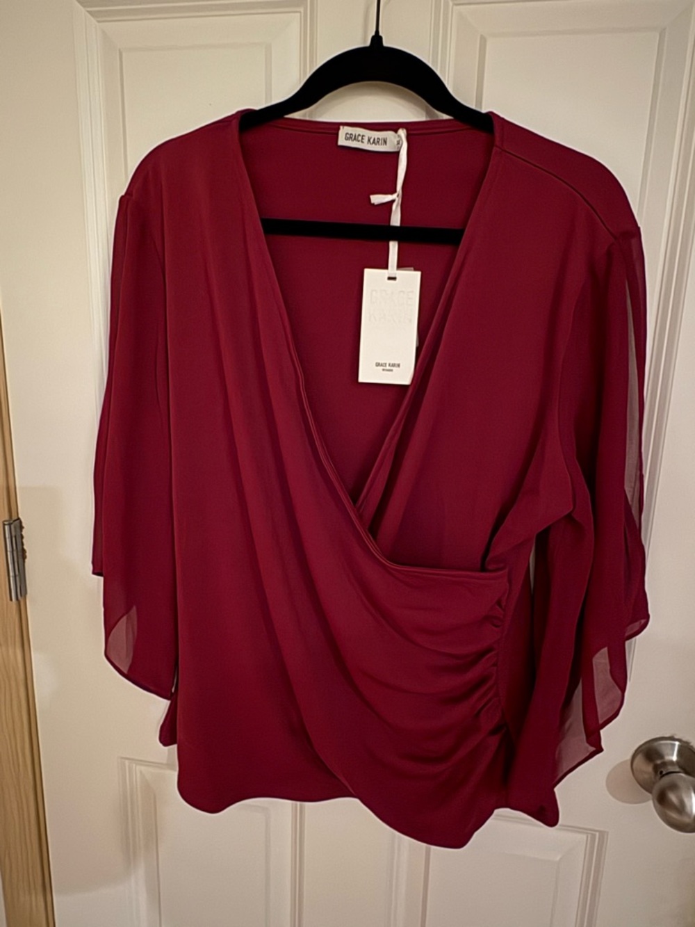 Grace Karin Burgundy Draped Surplice Blouse with Flowing Dolman Sleeves